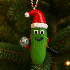 Pickleball Christmas Ornament – Hand-Sculpted Dill Pickle Ornament in Santa Hat